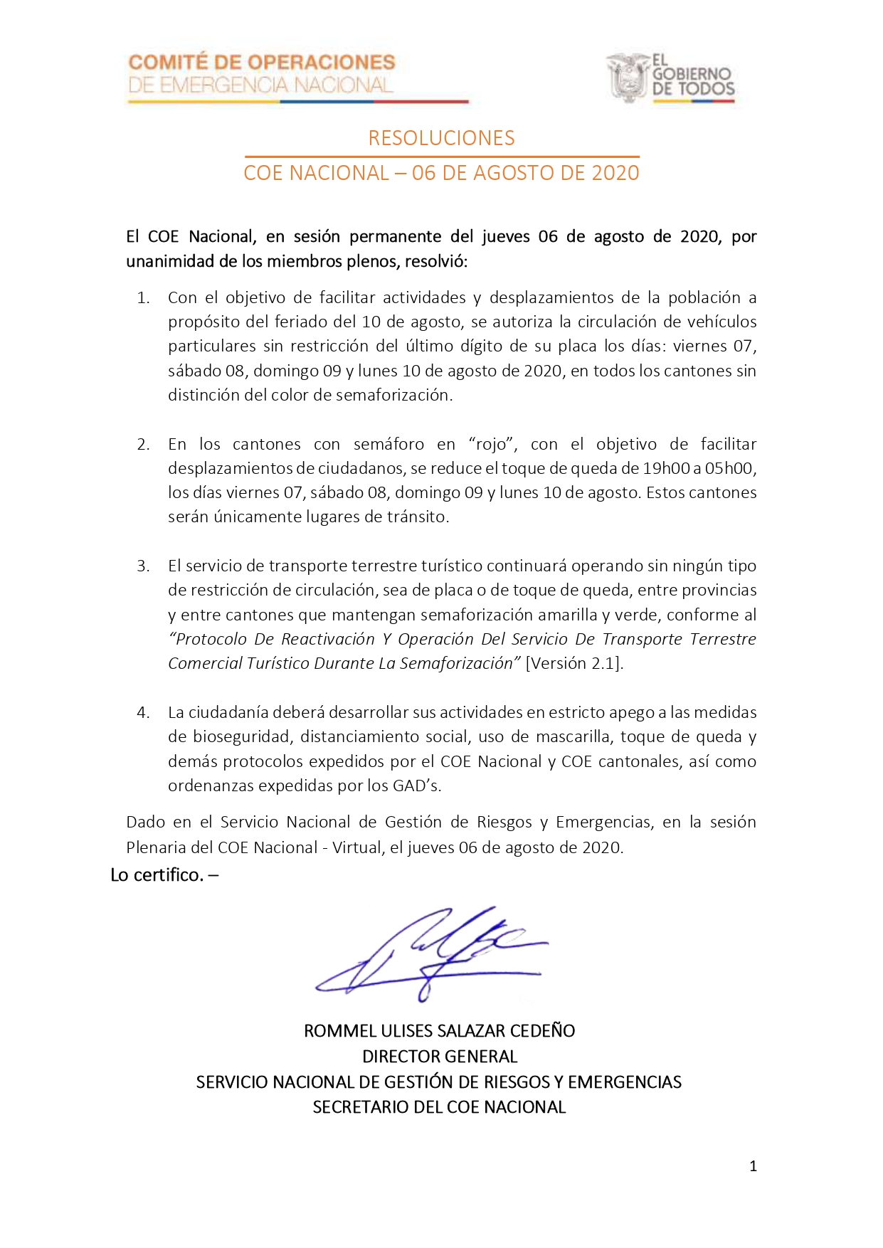 RESOLUCION COE NACIONAL  06 DE AGOSTO DE 2020 feriado page-0001